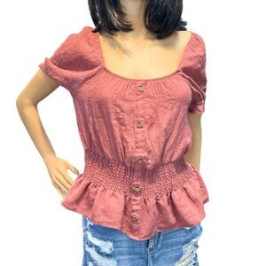 Crescent &‎ Willough Womens Button Front Peplum Blouse Large Pink Cottagecore
